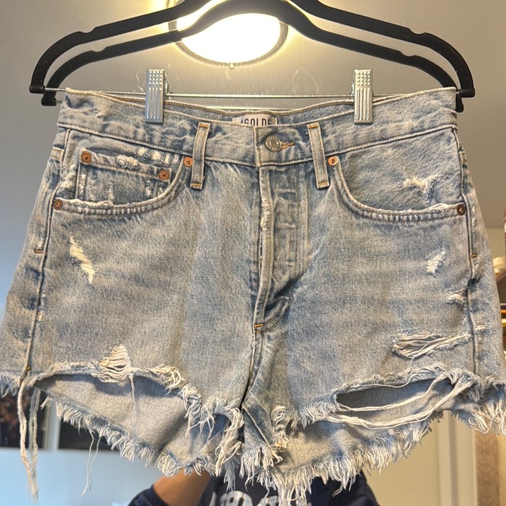 Agolde Blue Distressed Jean Shorts High-Waisted